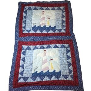 Vintage Nautical Lighthouse Quilted Pillow Shams Set of 2 Blue Red Coastal 28x21